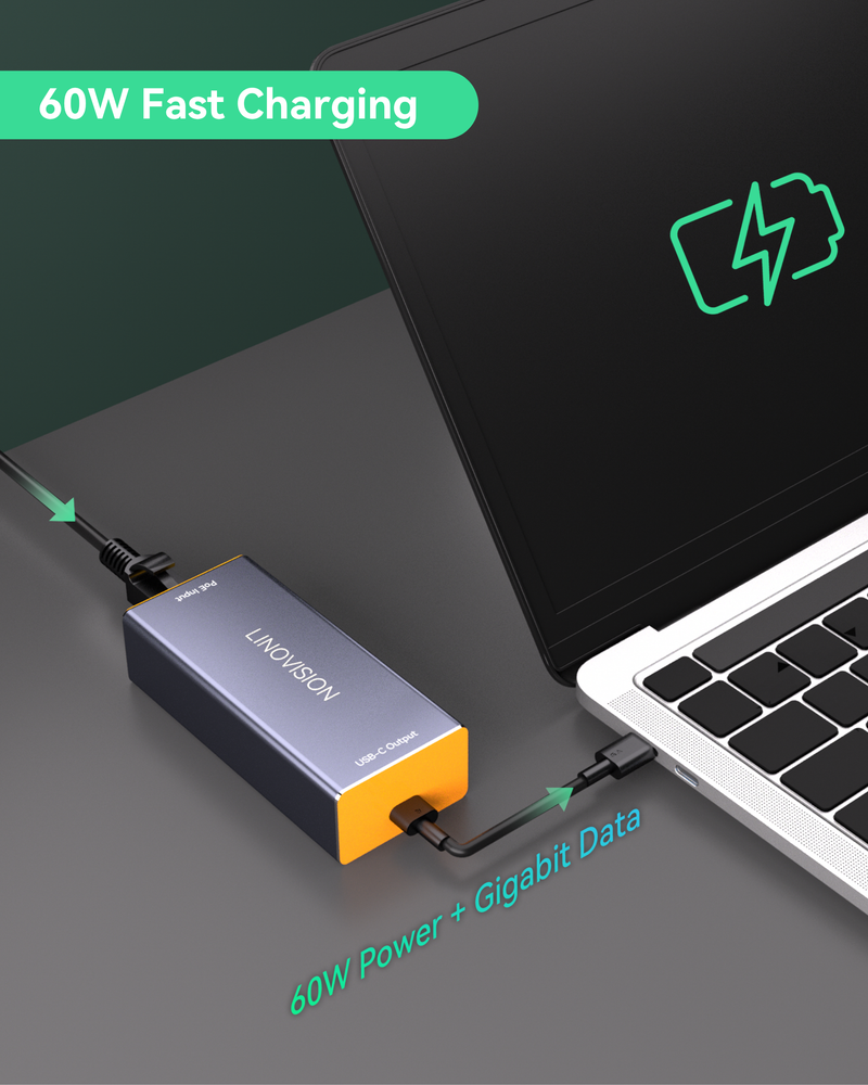 Gigabit 60W POE++ to USB C Converter, Data and Power Through One Cable