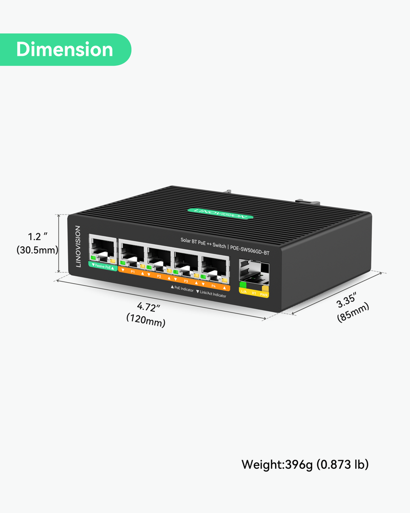 5 Ports Solar DC12V BT PoE++ Switch Support DC 9-54V input from UPS battery or solar power, output 4 BT 90W PoE++ ports and 1 passive PoE for wireless bridge or router