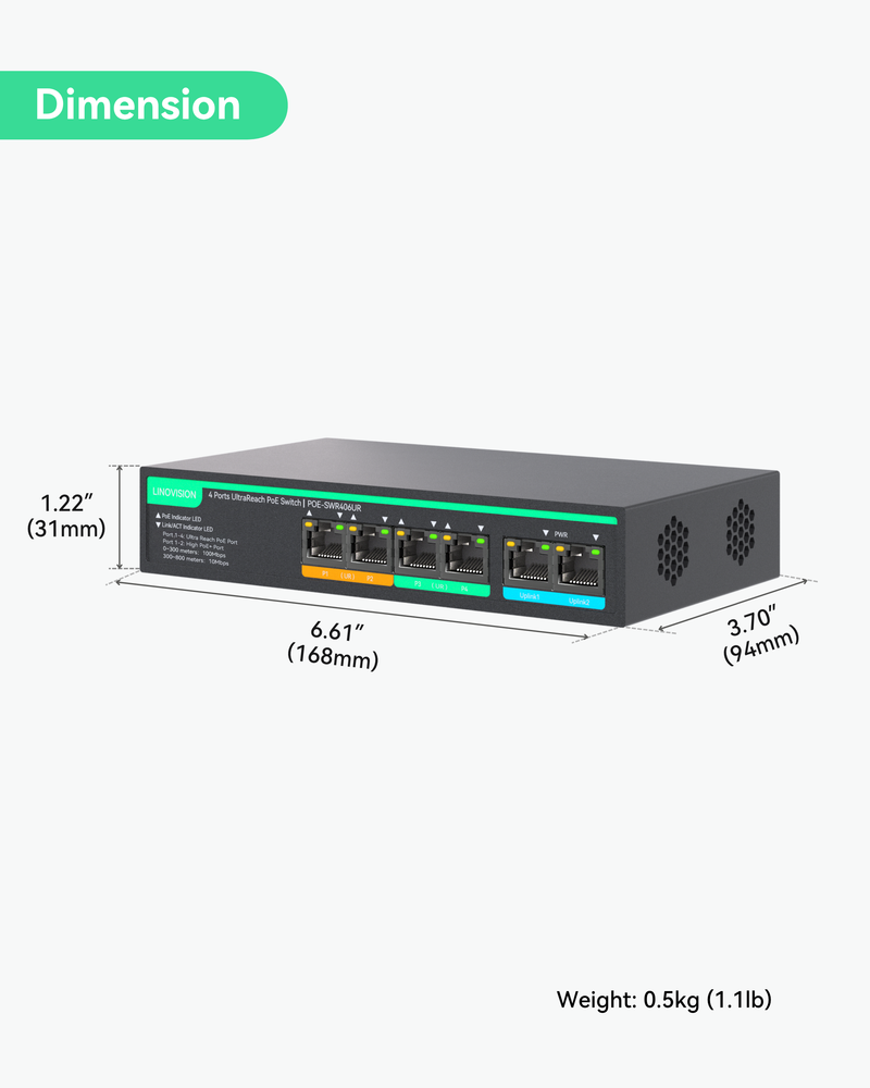 (POE-SWR406UR) Ports UltraReach PoE Switch with Remote Cloud Management, Up to 2600ft Long Range PoE and Data Transmission, 2 High-PoE+ Ports for Big PTZ Cameras