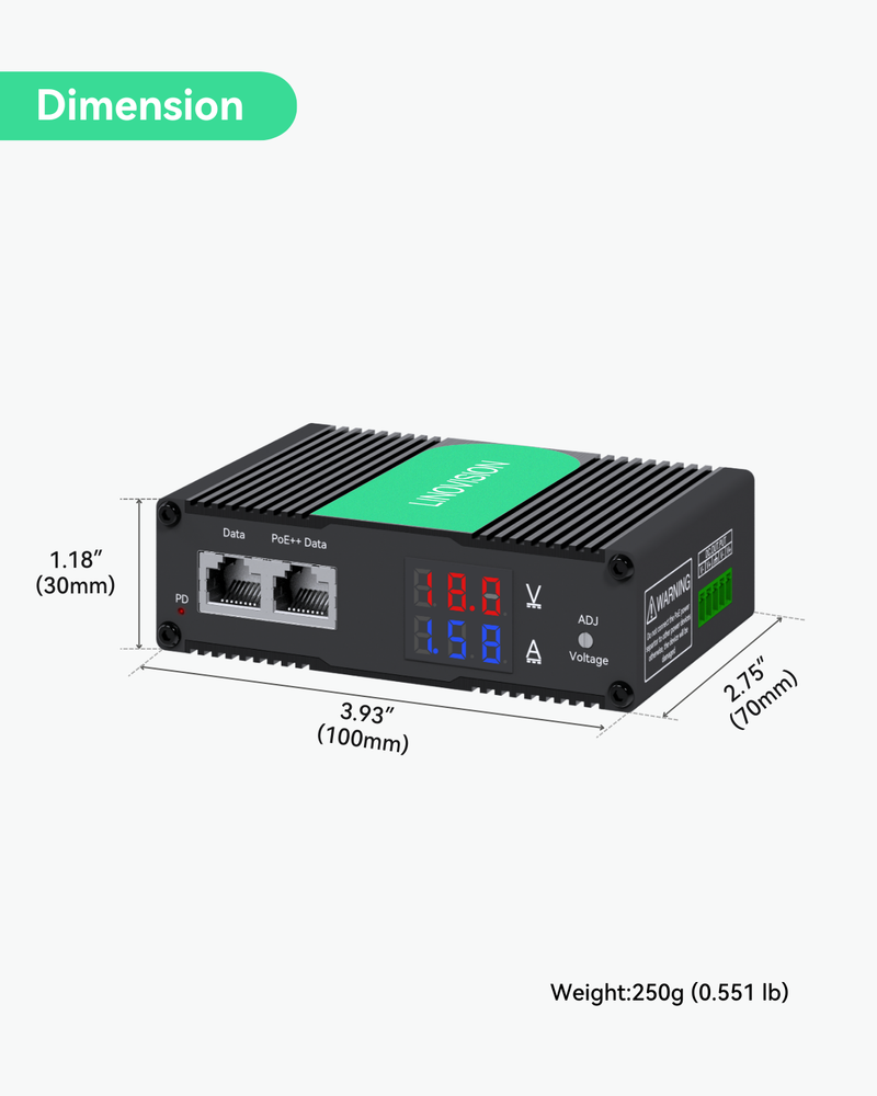 Industrial 802.3bt Gigabit 90W PoE++ Splitter with Adjustable Output Voltage DC 3-36V and LED Display