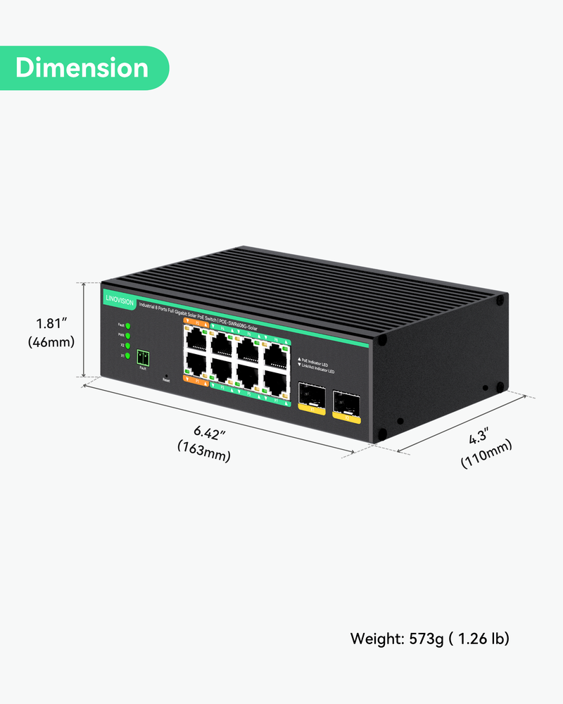 (POE-SWR608G-Solar) Industrial 8 Ports Full Gigabit PoE Switch Support DC 8~57V Input, 24V / 12V PoE Switch for Solar or RV UPS System