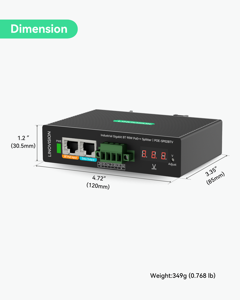 Industrial Gigabit 90W POE++ Splitter with 2 DC outputs, 3~36V adjustable and DC 24V Output, Din Rail Mounting, Power Supply for PTZ Cameras, Access Control Systems, Center Control system