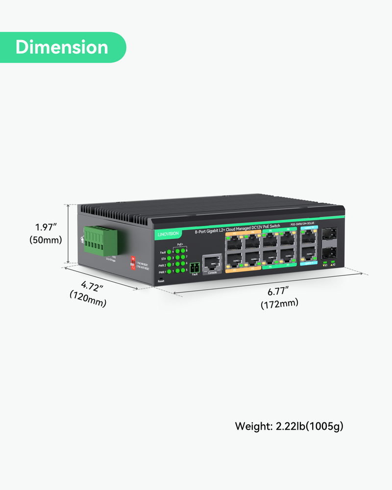 (POE-SWR612GM-SOLAR) 12 Ports L2+ Cloud Managed PoE Switch with DC12V to DC48V Voltage Booster