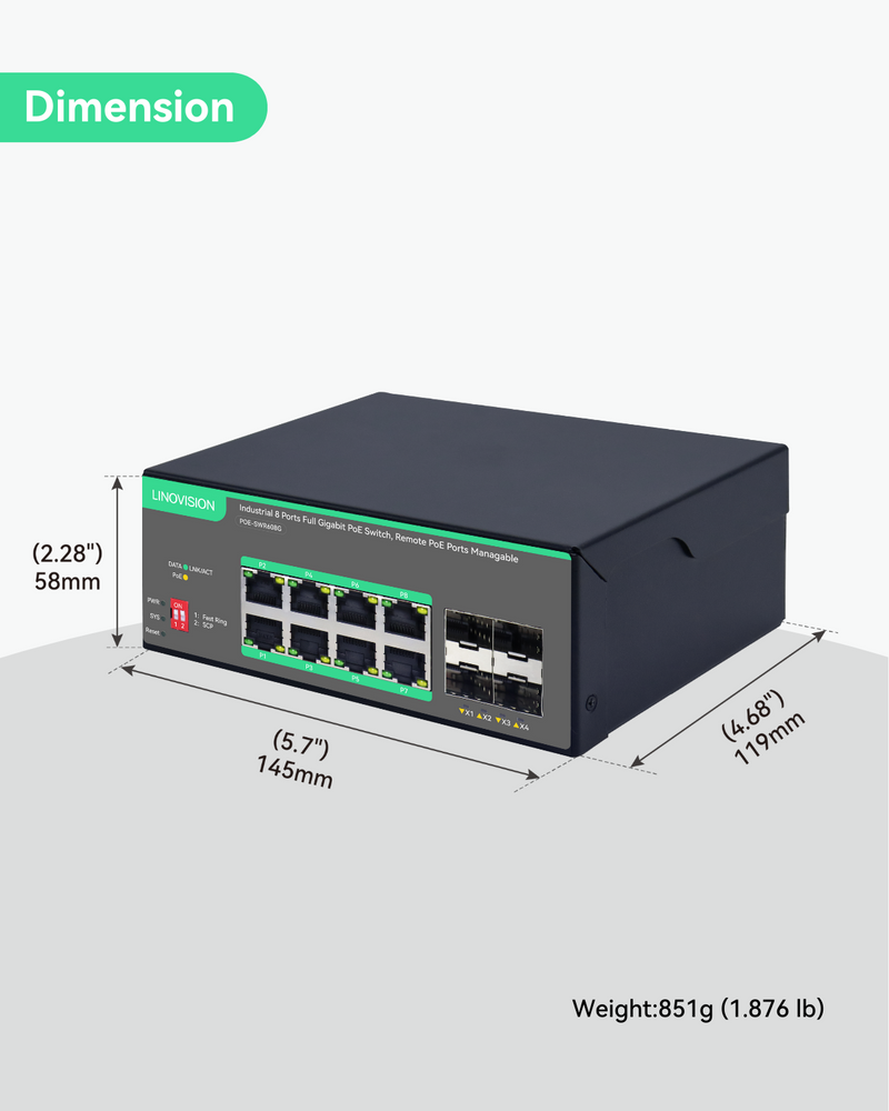 Industrial 8 Ports Full Gigabit PoE Switch with Remote PoE Ports Management
