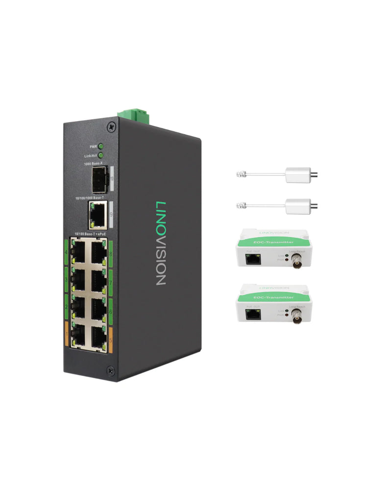 8-Port EOC & POE Switch with EOC Transmitters, Long Reach PoE over Coax