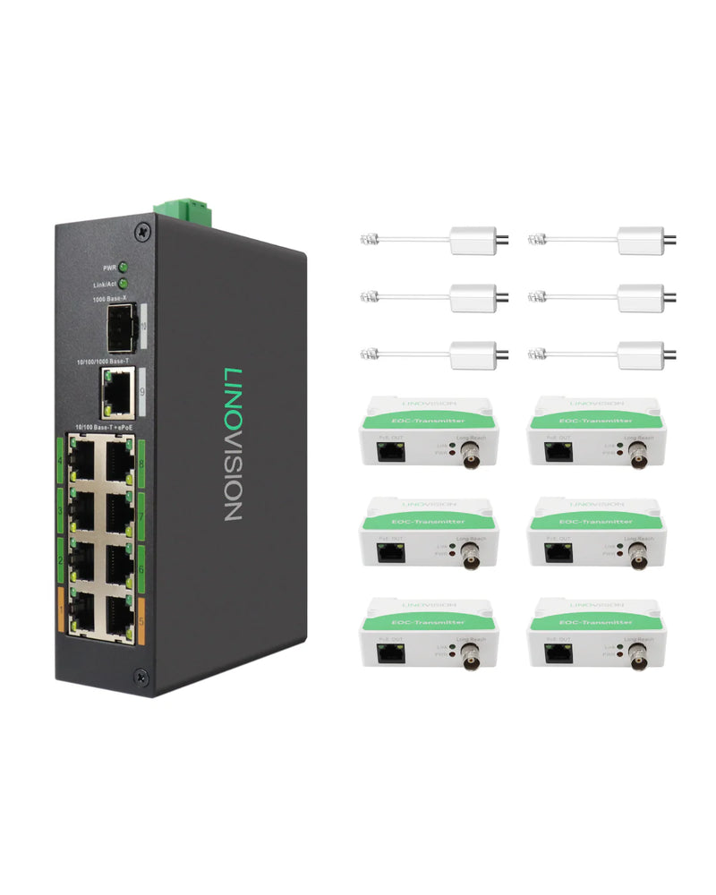 8-Port EOC & POE Switch with EOC Transmitters, Long Reach PoE over Coax