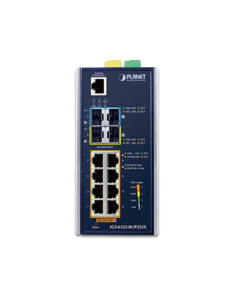 PLANET Industrial L3 Managed 8-Port 802.3bt PoE++ Switch with 2x 2.5G and 2x 10G SFP+ Uplink, Total PoE Budget 360W