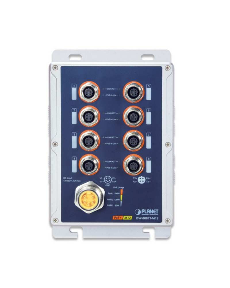 PLANET Industrial IP67-rated 8-Port 10/100TX M12 802.3at PoE+ Switch (-40~75 degrees C, dual 12~56V power boost, EN50155 Railway certified)