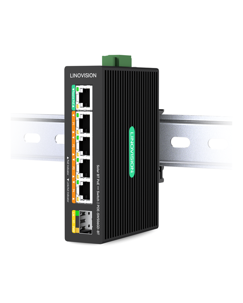 5 Ports Solar DC12V BT PoE++ Switch Support DC 9-54V input from UPS battery or solar power, output 4 BT 90W PoE++ ports and 1 passive PoE for wireless bridge or router