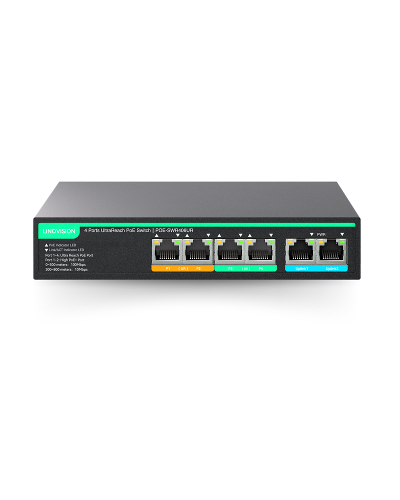 (POE-SWR406UR) Ports UltraReach PoE Switch with Remote Cloud Management, Up to 2600ft Long Range PoE and Data Transmission, 2 High-PoE+ Ports for Big PTZ Cameras