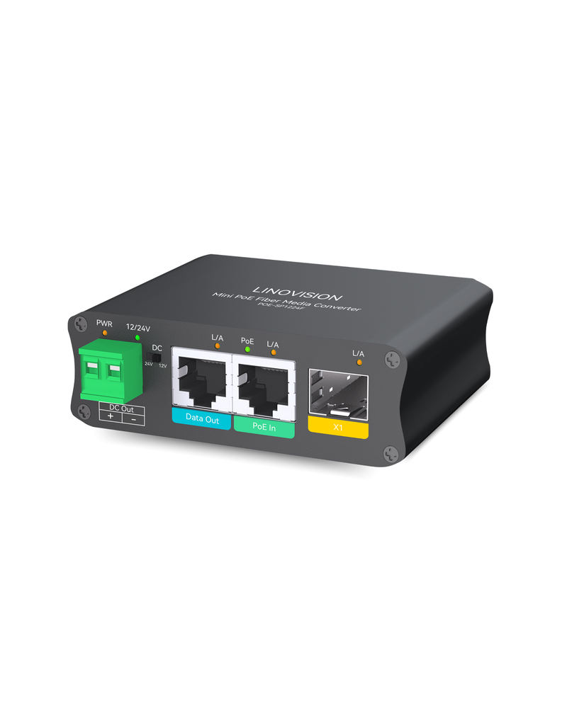 PoE Powered Fiber Media Converter with additional DC12V/24V and Gigabit Ethernet Output