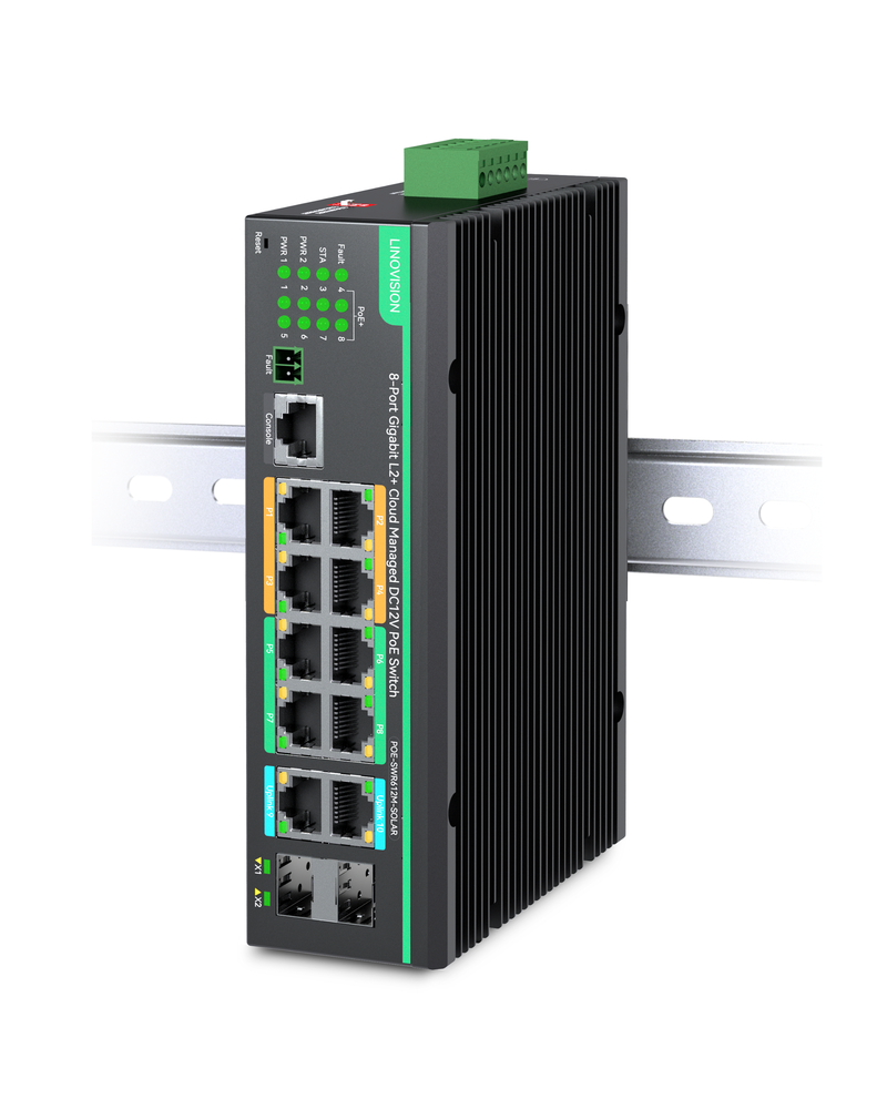 (POE-SWR612GM-SOLAR) 12 Ports L2+ Cloud Managed PoE Switch with DC12V to DC48V Voltage Booster