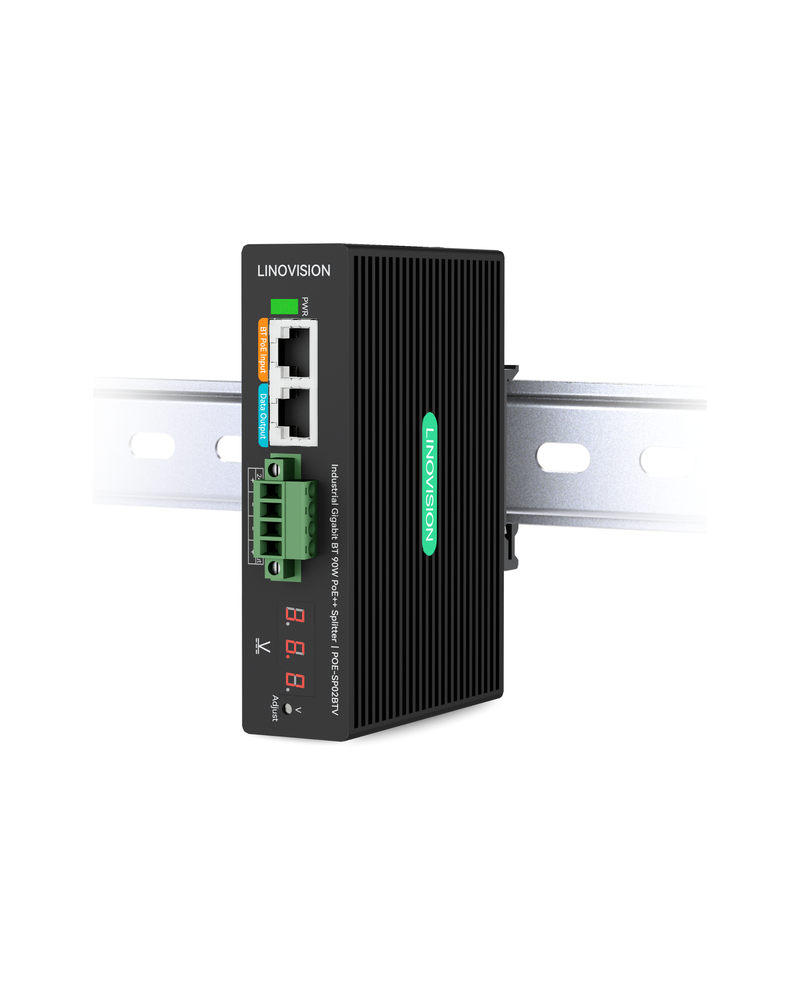 Industrial Gigabit 90W POE++ Splitter with 2 DC outputs, 3~36V adjustable and DC 24V Output, Din Rail Mounting, Power Supply for PTZ Cameras, Access Control Systems, Center Control system