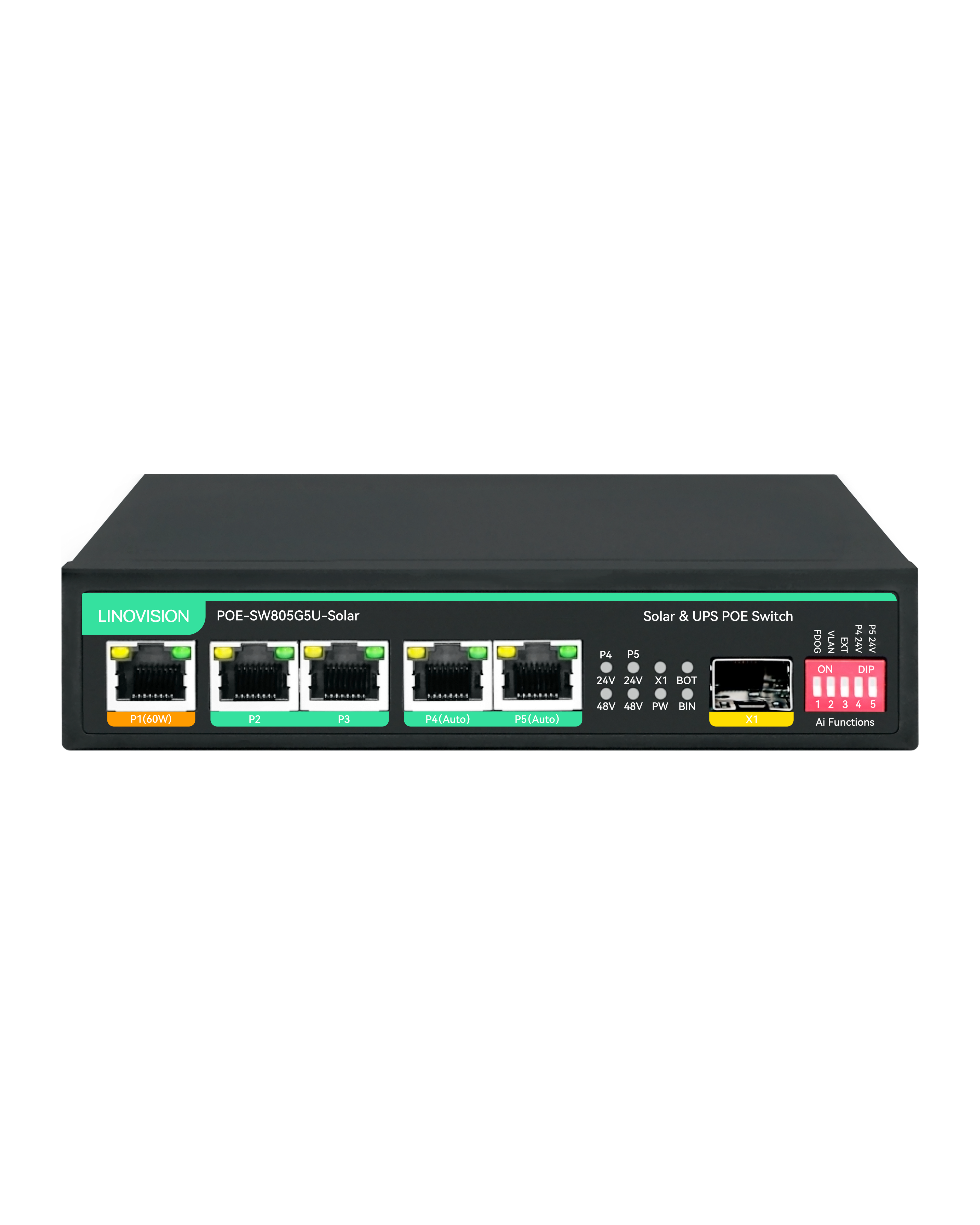 5 Ports Solar and UPS PoE Switch with built-in Solar Charge