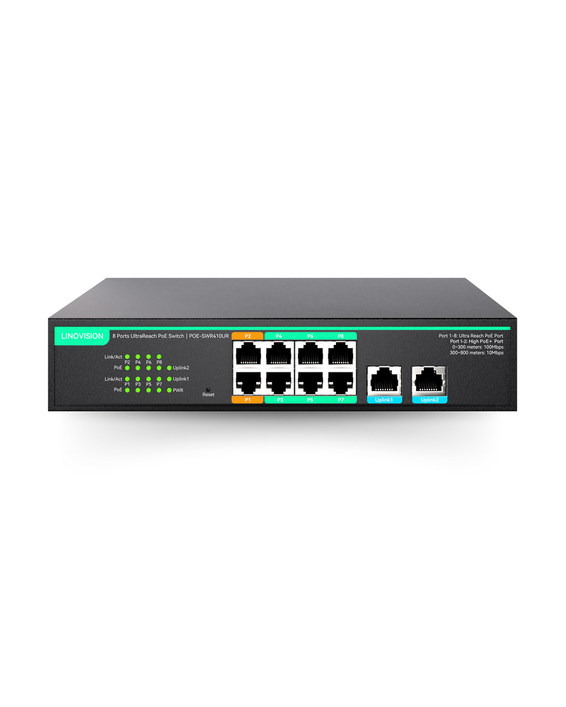 (POE-SWR410UR) 8 Ports UltraReach PoE Switch with Remotely Cloud Management, Long Range PoE and data transmisison Up to 2600ft, 2 Gigabit Uplinks and 2 High PoE+ ports for big PTZ cameras