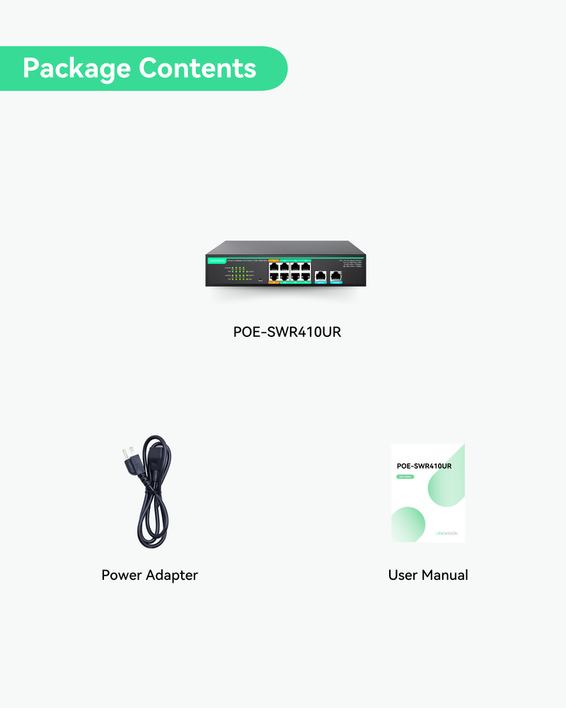 (POE-SWR410UR) 8 Ports UltraReach PoE Switch with Remotely Cloud Management, Long Range PoE and data transmisison Up to 2600ft, 2 Gigabit Uplinks and 2 High PoE+ ports for big PTZ cameras