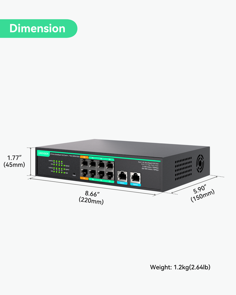 (POE-SWR410UR) 8 Ports UltraReach PoE Switch with Remotely Cloud Management, Long Range PoE and data transmisison Up to 2600ft, 2 Gigabit Uplinks and 2 High PoE+ ports for big PTZ cameras