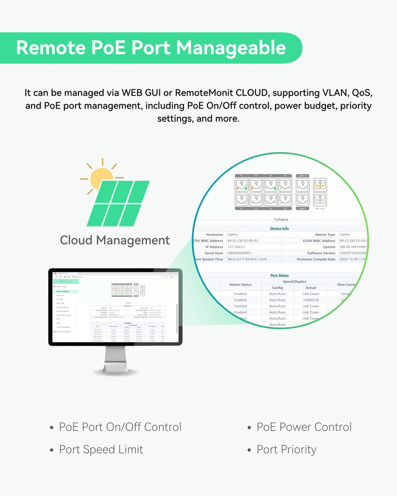 (POE-SWR410UR) 8 Ports UltraReach PoE Switch with Remotely Cloud Management, Long Range PoE and data transmisison Up to 2600ft, 2 Gigabit Uplinks and 2 High PoE+ ports for big PTZ cameras