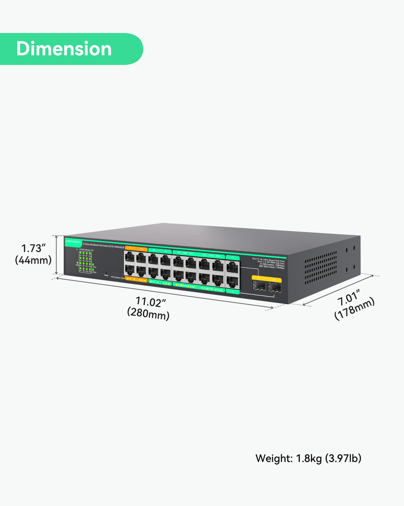 (POE-SWR420UR) 16 Ports UltraReach PoE Switch with Remotely Cloud Management, Up to 2600ft Long Range PoE & Data Transmission, 4* BT 90W & 12* AT 30W Ports, Built-in 300W Power Adapter