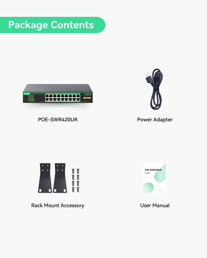 (POE-SWR420UR) 16 Ports UltraReach PoE Switch with Remotely Cloud Management, Up to 2600ft Long Range PoE & Data Transmission, 4* BT 90W & 12* AT 30W Ports, Built-in 300W Power Adapter