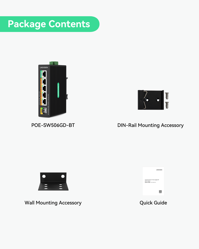 5 Ports Solar DC12V BT PoE++ Switch Support DC 9-54V input from UPS battery or solar power, output 4 BT 90W PoE++ ports and 1 passive PoE for wireless bridge or router