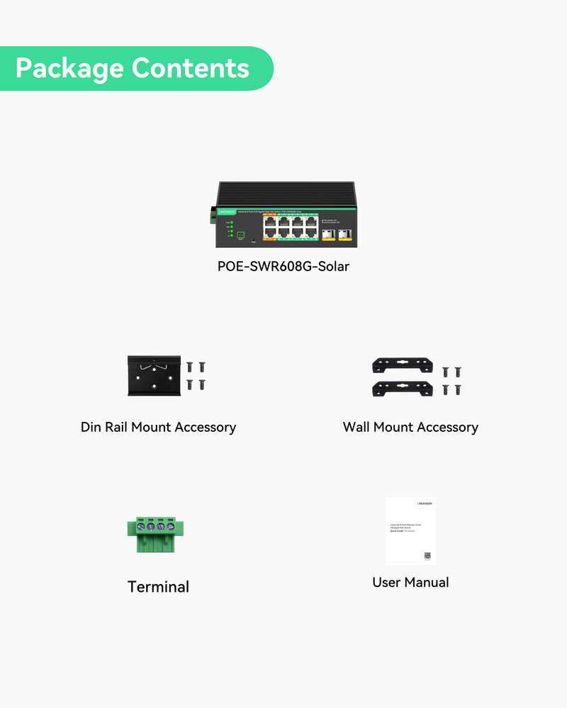 (POE-SWR608G-Solar) Industrial 8 Ports Full Gigabit PoE Switch Support DC 8~57V Input, 24V / 12V PoE Switch for Solar or RV UPS System
