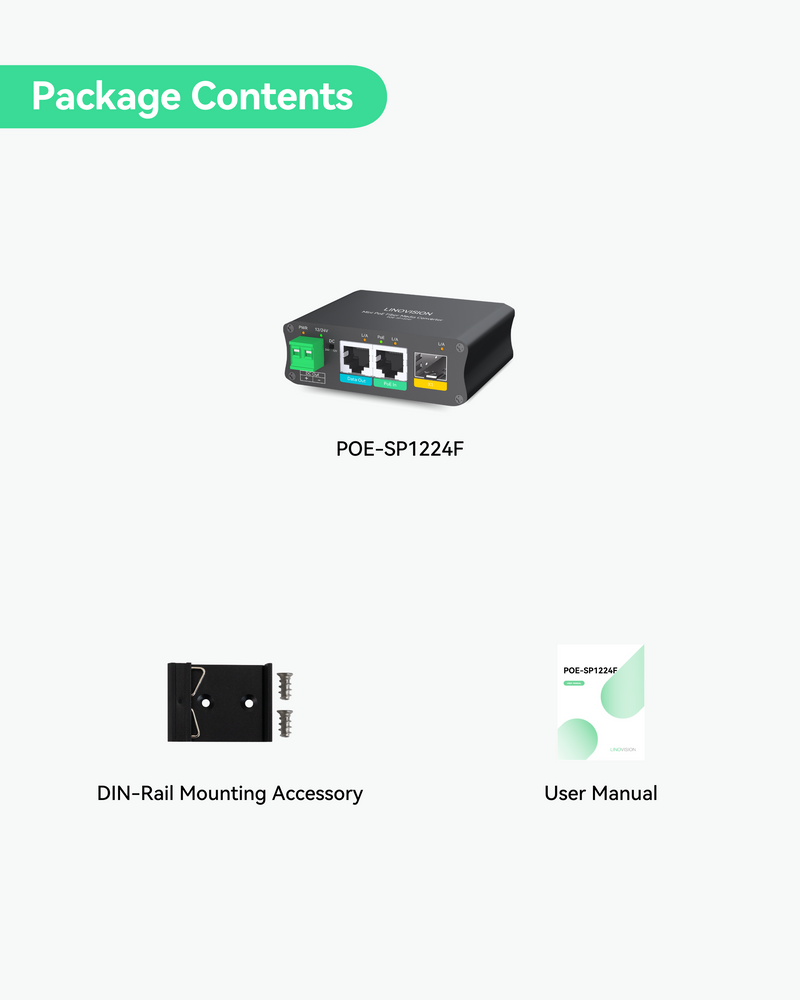 PoE Powered Fiber Media Converter with additional DC12V/24V and Gigabit Ethernet Output