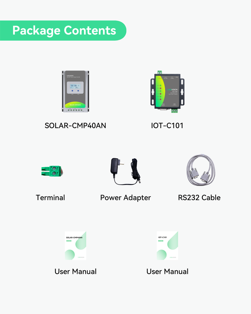 (SOLAR-CMP40AN-C101) 12V/24V 40A MPPT Solar Charge Controller with RS485 to Ethernet Converter, Solar Power System for Security Cameras, Street Lights or IoT Sensors with Remote Charging Status