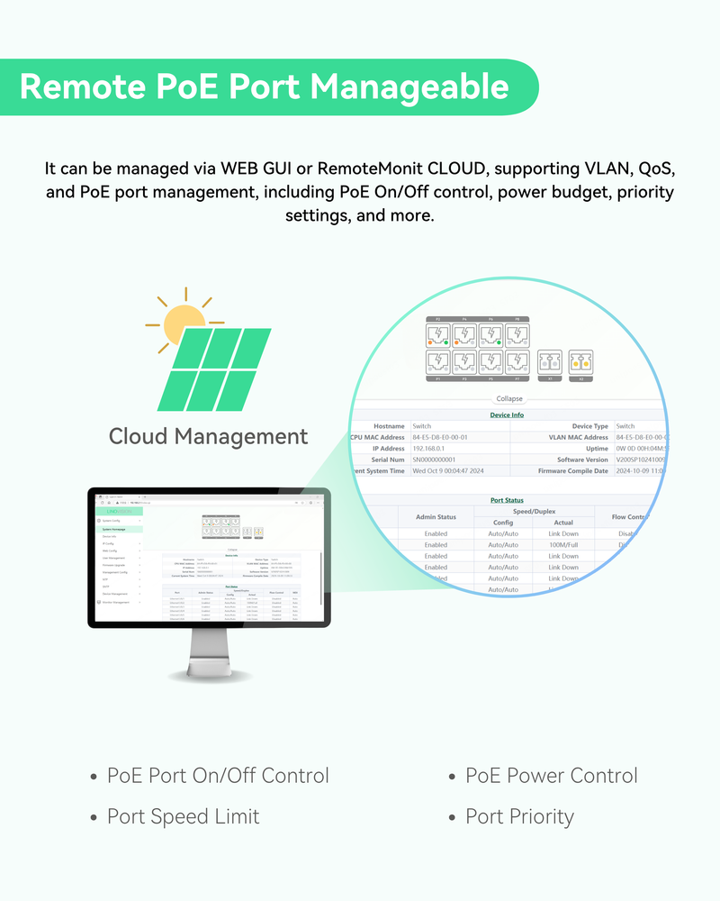 (POE-SWR608G-Solar) Industrial 8 Ports Full Gigabit PoE Switch Support DC 8~57V Input, 24V / 12V PoE Switch for Solar or RV UPS System