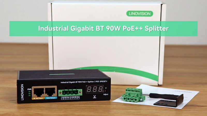 Industrial Gigabit 90W POE++ Splitter with 2 DC outputs, 3~36V adjustable and DC 24V Output, Din Rail Mounting, Power Supply for PTZ Cameras, Access Control Systems, Center Control system