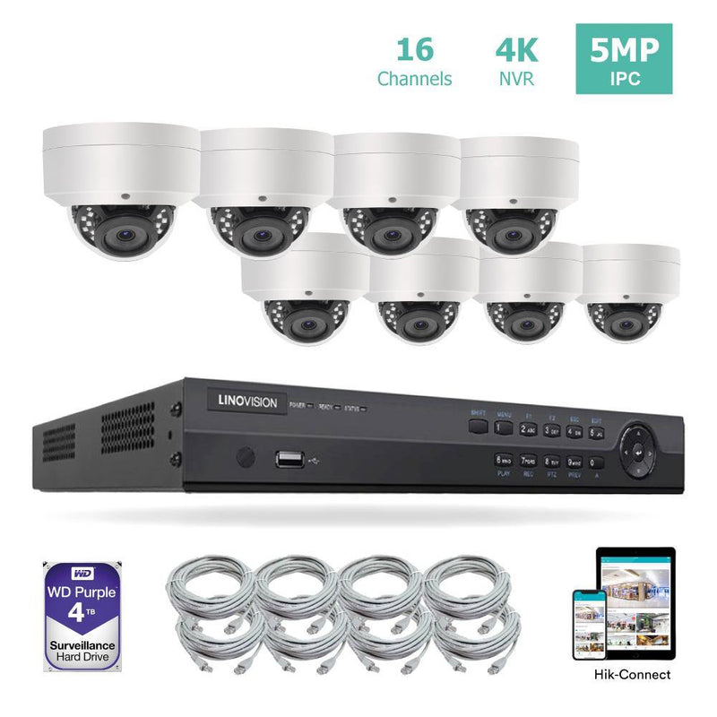 16 Channel 4K PoE Security Camera System 16CH 4K NVR and 8 Outdoor 5MP Dome PoE IP Cameras with 4TB HDD - LINOVISION US Store