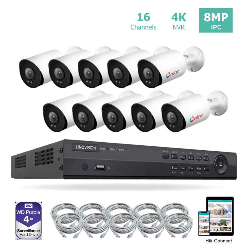 16 Channel 4K IP PoE Security Camera System 16ch 4K NVR and 10 8MP Colorful Night View Bullet PoE IP Cameras with 4TB HDD Support Audio Night Vision POE Plug-n-Play - LINOVISION US Store