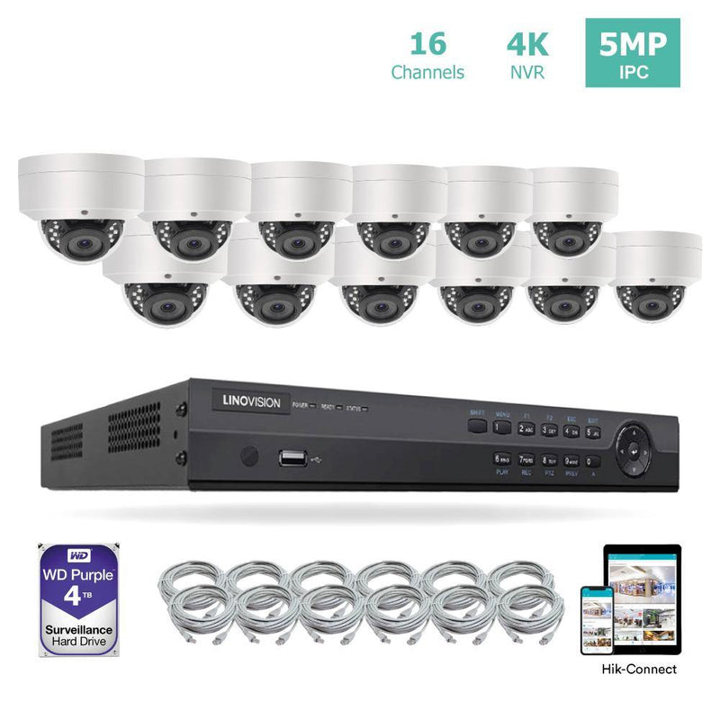 16 Channel 4K PoE Security Camera System 16CH 4K NVR and 12 Outdoor 5MP Dome PoE IP Cameras with 4TB HDD - LINOVISION US Store
