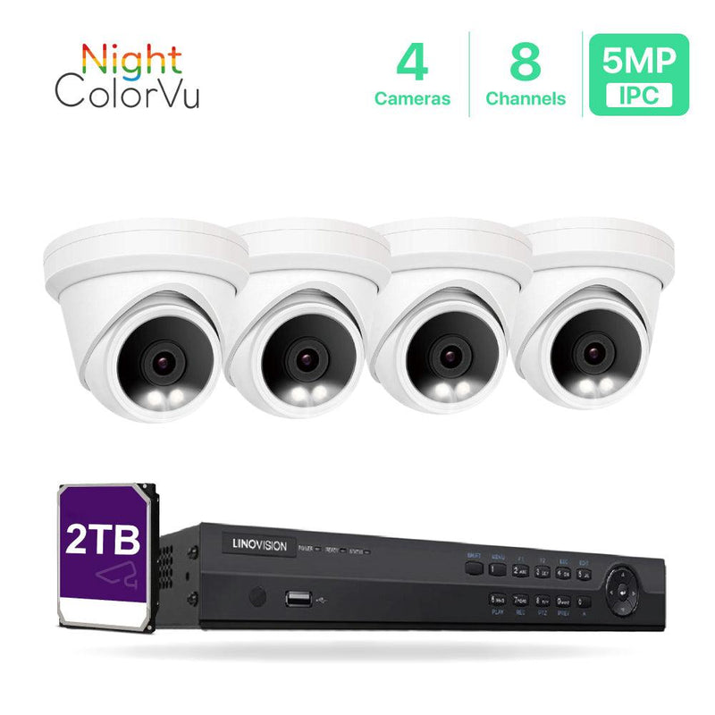 8 Channel 5MP PoE IP Camera System 8CH 4K NVR and 4 Pcs 5MP Night ColorVu PoE Turret Security Cameras with 2TB HDD - LINOVISION US Store