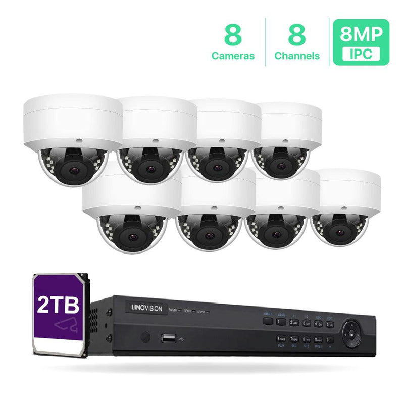 8 Channel 4K IP PoE Security Camera System 8ch 4K NVR with 2TB HDD and 8 Outdoor 8MP PoE IP Dome Cameras - LINOVISION US Store