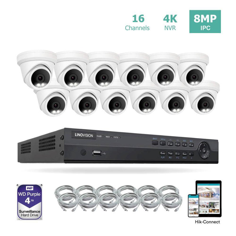 16 Channel 4K IP PoE Security Camera System 16ch 4K NVR and 12 8MP Colorful Night Vision Turret PoE IP Cameras with 4TB HDD Support Audio Night Vision POE Plug-n-Play - LINOVISION US Store