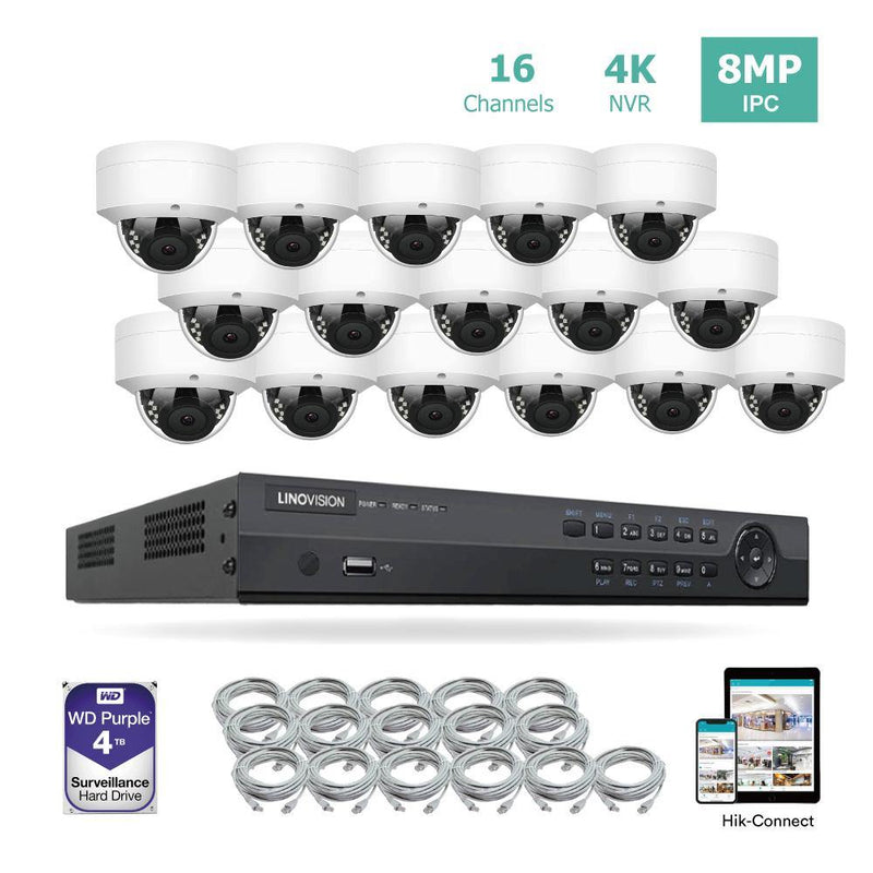 16 Channel 4K IP PoE Security Camera System 16ch 4K NVR and 16 Outdoor 8MP Dome PoE IP Cameras with 4TB HDD - LINOVISION US Store
