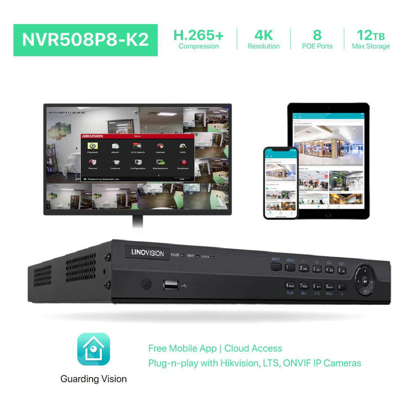 8 Channel 4K IP PoE Security Camera System 8ch 4K NVR with 2TB HDD and 6 Outdoor 8MP PoE IP Dome Cameras - LINOVISION US Store