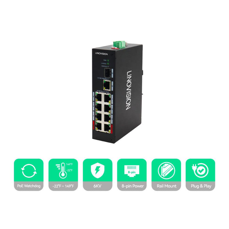 LINOVISION Industrial 8-Port POE Switch with 1*GE & 1*SFP Uplink,  BT 90W POE Output, Support PoE Watchdog, Hardened POE Injector for POE++ Device like PTZ Camera, POE Monitor or POE Lighting - LINOVISION US Store